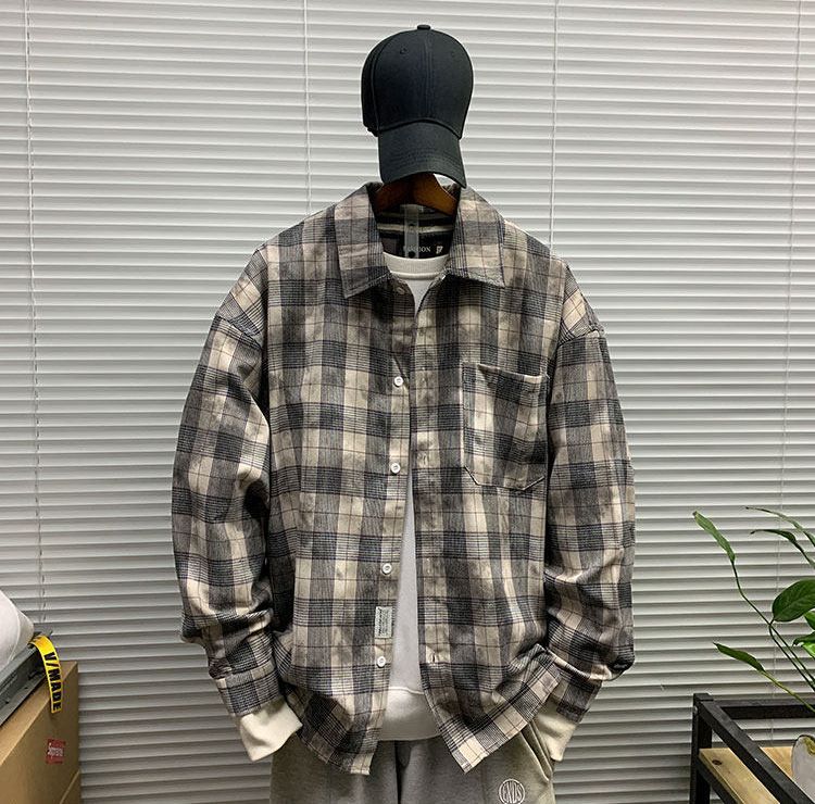 ♥ 長袖チェック柄シャツ ジャケット感覚で着用可 ルーズフィット メンズ S〜XXL K