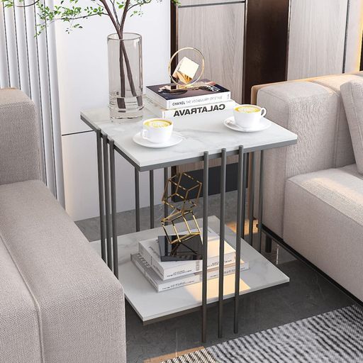 UNHOサイドテーブルナイトテーブルベッドサイドテーブル大理石調石材天板ソファ横コーヒーテーブル白棚付きソファテーブルおしゃれ幅45 x奥行45 x高さ55 cm