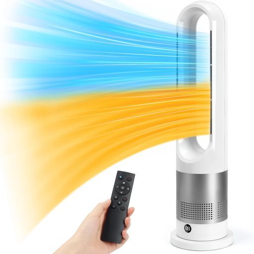 KKYOYRE扇風機羽なしタワーファン夏冬兼用羽なし扇風機 8段階涼風|3段温風 80°左右首振り1-9 hタイマー設定可転倒自動オフ冷暖両用省エネDCモーター暖房器具低騒音省エネ大風量リモコン…