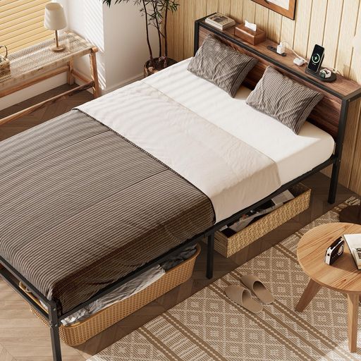 WLIVEベッドフレーム宮棚付き2口コンセントすのこベッドセミダブルスチールベッド収納付きベッド下収納カビ防止耐荷重250 kgハイタイプベッドフレーム ウォールナットxブラック