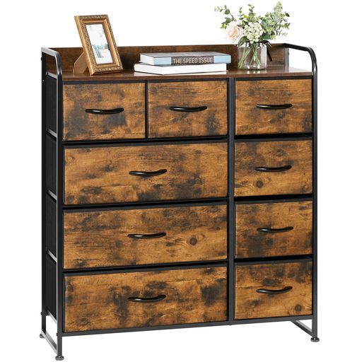 チェストタンスブラウン北欧風ヴィンテージ風布製引き出し木製天板大容量リビング収納オシャレ衣類収納一人暮らし低ホルム4段9杯 幅87.5 x奥行29 x高さ99.5 cm