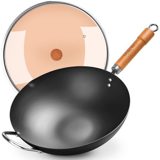 中華鍋大型鉄鍋36 cm錆びない窒化鉄炒め鍋揚げ物 炒め物 肉料理など調理可深型鉄北京鍋炒鍋蓋付きIH ガス対応コーディングなし大きいwok大家族業務用