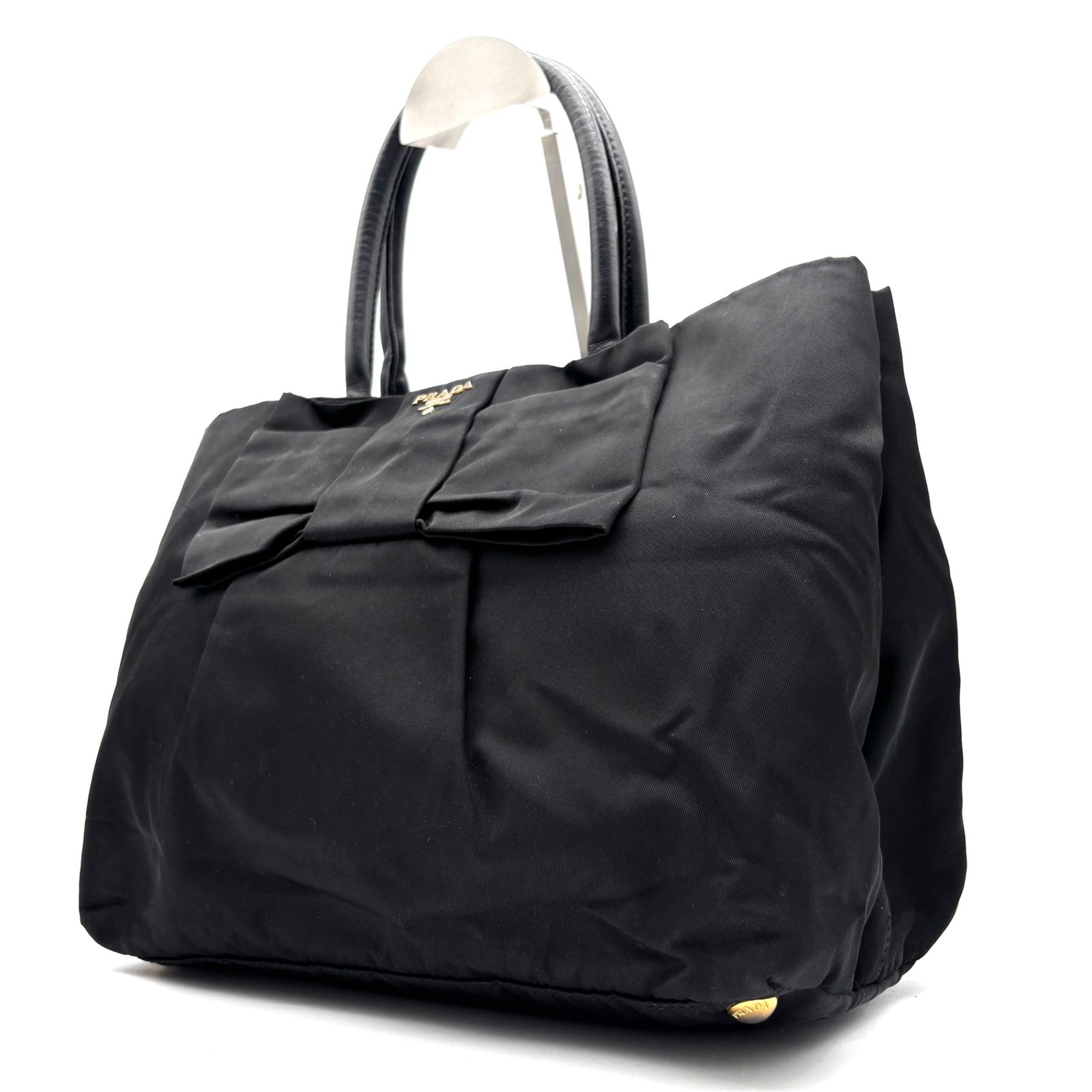 PRADA プラダ ハンドバッグ リボン テスートナイロン 軽量 レザー 本革 レディース ゴールドロゴ ブラック 白タグ有りトートバッグ ビジネス