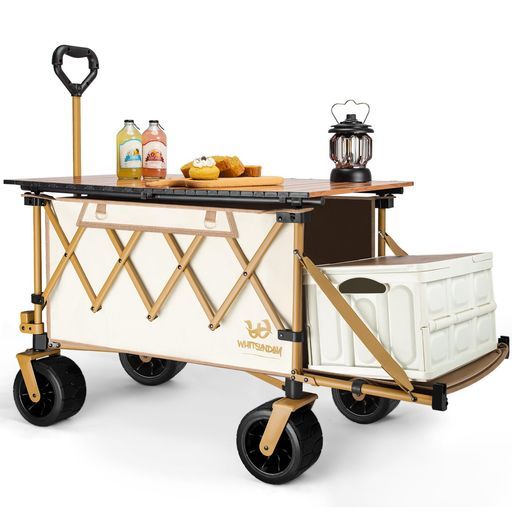 アウトドアワゴン 後部展開可 テーブル付き 特大容量耐荷重200 kg長物対応キャリー ベアリング付き ワンタッチ収束型自立収納キャリーワゴンキャリーカートキャンプカート 生成…