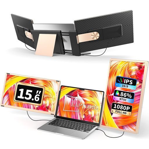 LaptomoS 6トリプルポータブルモニター15.6インチ デュアルモバイルモニターノートパソコンモニター2画面|3画面拡張ディスプレイ折りたたみ式180°回転HDMI|Type-Cプラグアンドプレイ