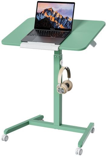 ETHU 90°角度調整モバイルスタンディングデスクサイドテーブル幅65 cmガス圧式無段階昇降高さ調節76-110 cm角度調節天板レバー式移動式ベッドテーブルソファテーブルキャスター付きフック付…