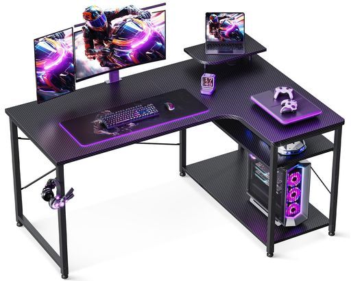 ODKゲーミングデスクl字パソコンデスク幅110机デスクdesk棚付き在宅勤務pcデスク卓子勉強机L字型組立簡単カーボンブラック右棚