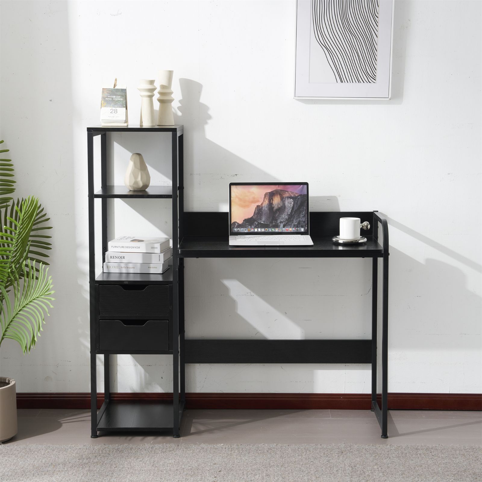 パソコンデスク 引き出し付き 3段シェル付き 大容量でしっかり収納 学習台 木製 ANCIENT BLACK