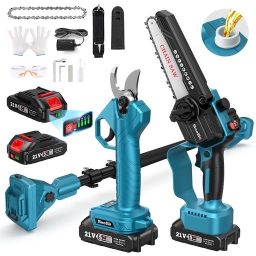 SEESII高枝チェーンソー電動6インチコードレス充電式チェーンソーセット剪定バサミ付き一台四役無段階伸縮ポール 125〜250 cm オイルボトル搭載軽量 パワフル園芸 木工用バッテリー