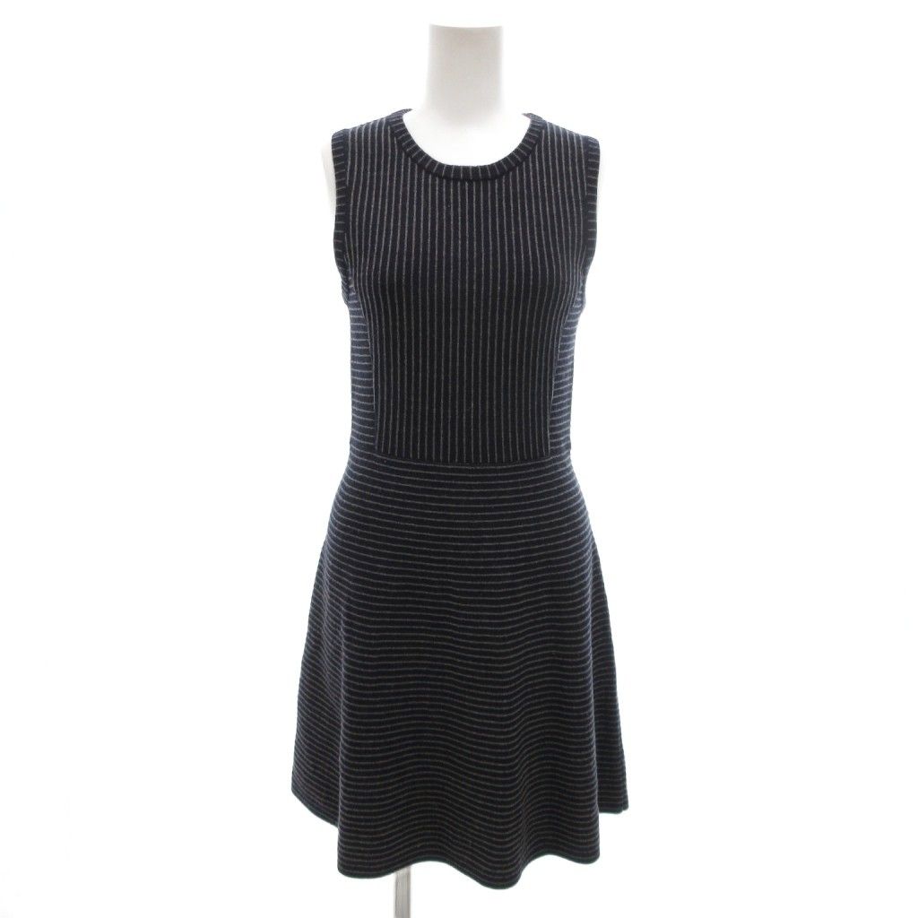 セオリー Theory ワンピース ひざ丈 ウール P 紺 ネイビー ストライプ柄 ラウンドネック ノースリーブ |NL GY 60