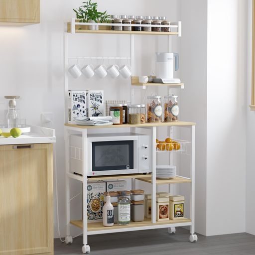 LunarLightキッチンベイカーラック幅88.5奥行37.2高さ165 cmキッチンラックレンジラックオープンラックプリンタ台2口コンセント付き棚板レールでスライド式耐荷重100 kgレンジ炊飯器など対応Sフ…