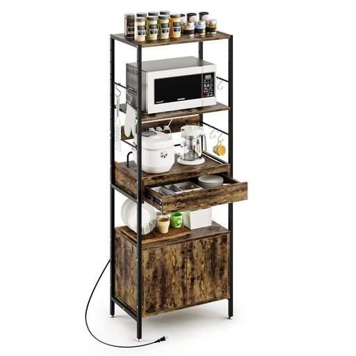 DEWELキッチンラックキッチンワゴンスリムレンジ台扉付き食器棚幅60 x奥行36 x高さ162.5 cm 6段式レンジラックレンジボードベイカーラックカウンターキッチンキッチン収納大型レンジ対応一人…