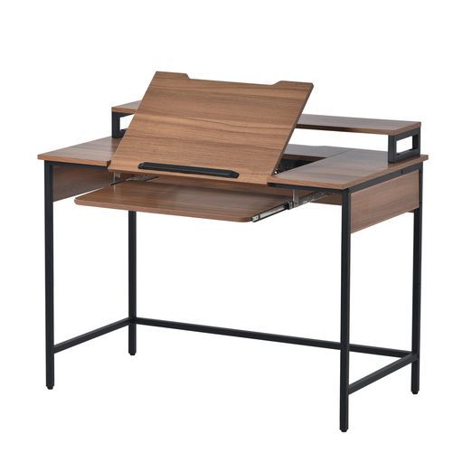 オーエスジェイ OSJ パソコンデスクハイタイプとロータイプに切り替え 多段階調節ホルダー付きオフィスデスク木製学習机いくつのPC設備同時使用 ダークブラウン