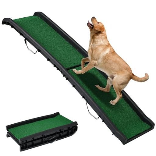 新型2つ折りドッグスロープペットスロープ犬用スロープ人工芝付き犬ステップ車用折りたたみペットステップ軽量折り畳み滑り止め犬ペット用ドライブ通院介護用収納便利大型犬猫用ス…