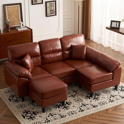 オーエスジェイ OSJ ソファー5人掛けカウチハイバックローソファ北欧肘付きレイアウト自由カウチソファー傷防止フェルト付きL字コーナー弾力ソファーベッド天然木脚sofaブラウンPUレザ