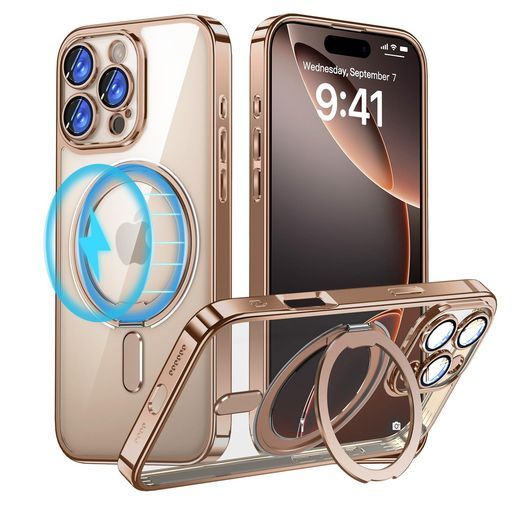 iPhone16Pro用MagSafe対応ケース360回転しスタンド+リング付きアイフォン16プロ携帯ケース一体型カメラレンズ保護電気メッキバンパーOURJOYスマホケースクリア軽量耐衝撃ワイアレス充電対応