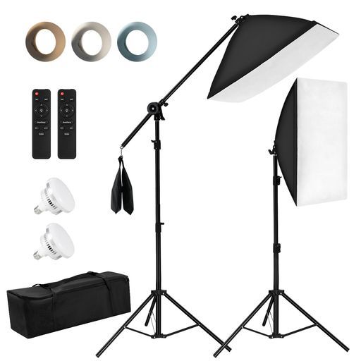Niceveediソフトボックスキット85 W撮影用ライト撮影照明50 x 70 cm撮影キット 温3200 K-5500 K調整 吊り下げアーム付き撮影用照明写真照明サツエイヨウ2 M三脚付きリモコン操作収納バッグ付き