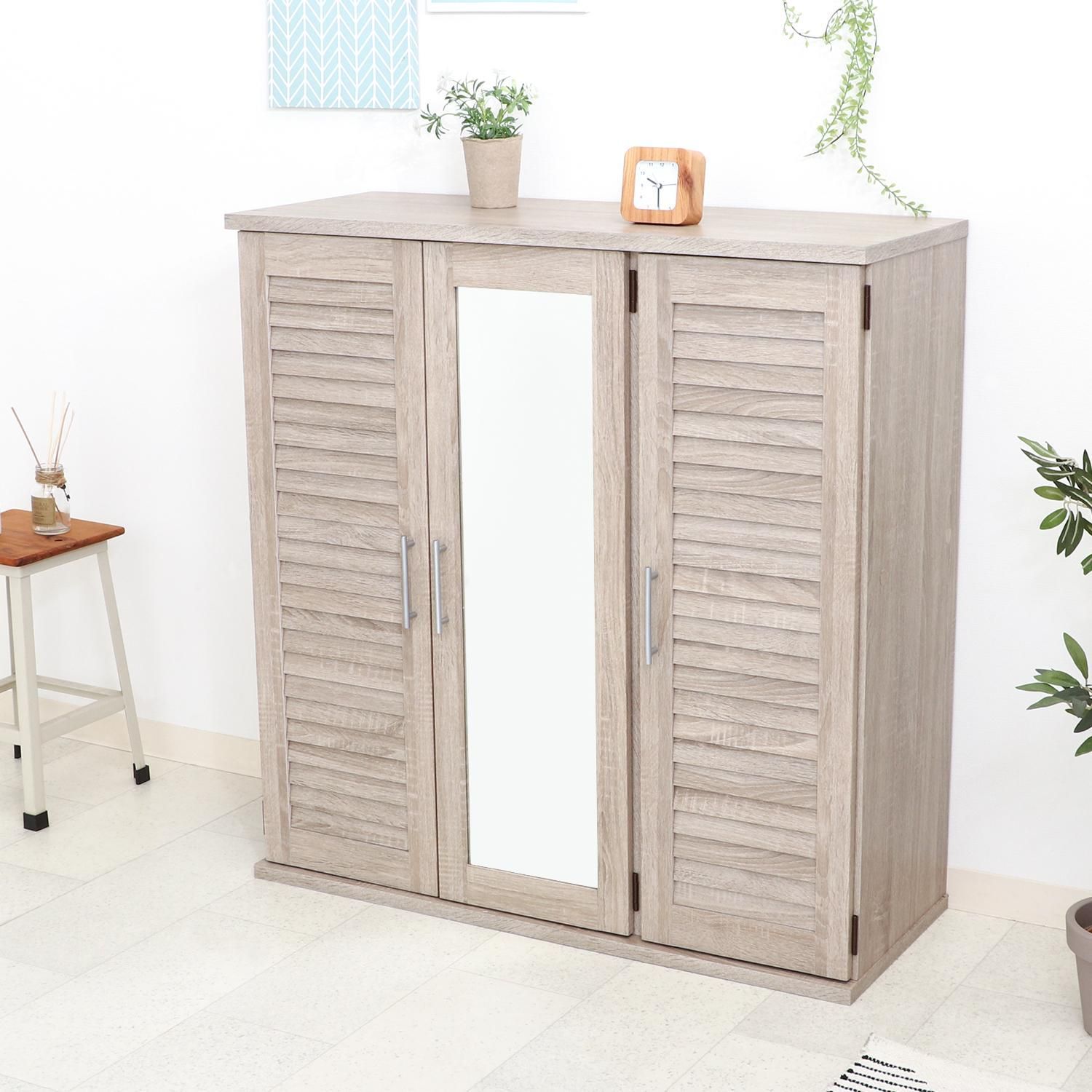 ♪ルーバー ミラー付 シューズボックス 幅90 cm シューズケース 下駄箱 シューズラック 木製 ナチュラル ミラー