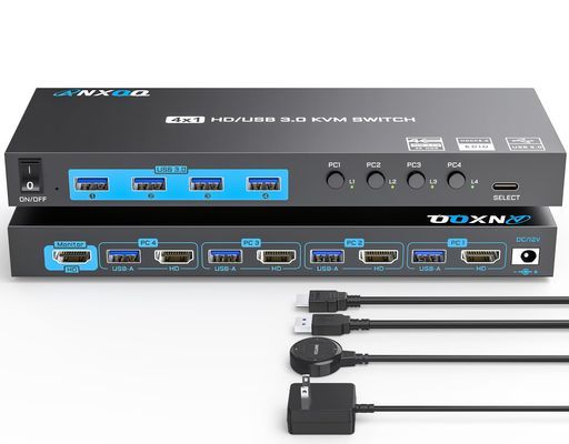 ANXQQ 4ポートKVMスイッチHDMI EDID機能付き4 K 60 HzKVMSwitch 4台のコンピューターが1台のモニターと4台のUSB外部デバイスを共有します 有線リモコンと電源アダプター付きHDMI切り替え