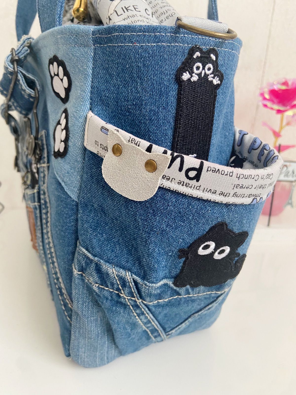 デニムリメイクバック 黒猫サロペット - メルカリ