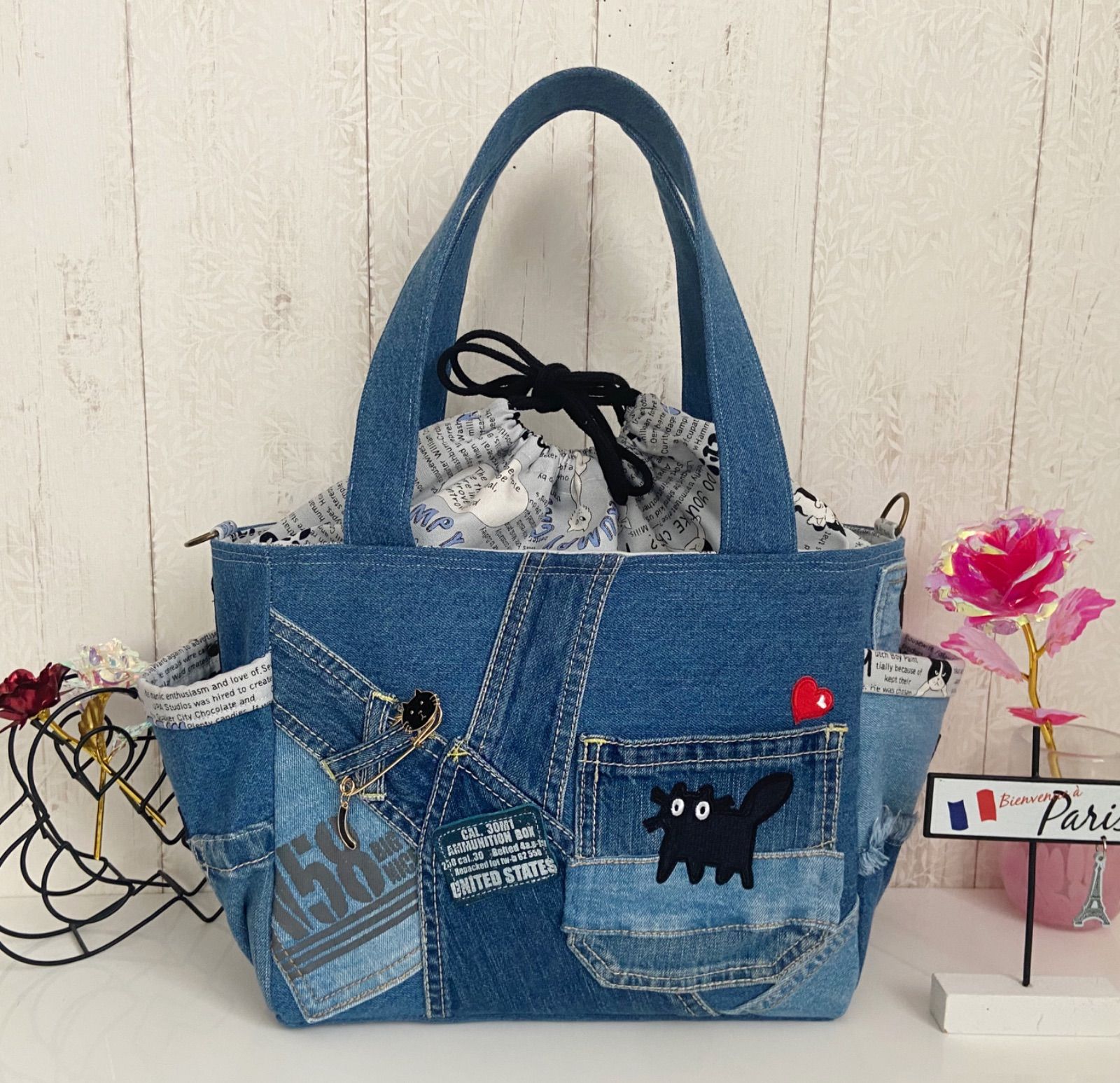 デニムリメイクバック　サロペット デニムリメイク サイドポケット付きバッグ 肩掛けタイプ ファスナー