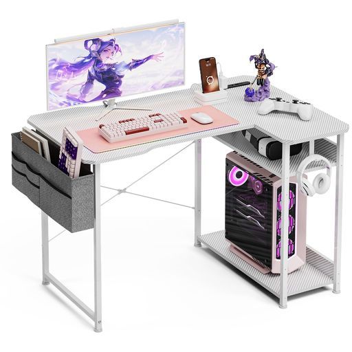 AcrolixゲーミングデスクL字左右入替OK収納バッグ付きコンセント付きカーボン調天板奥行70 cm幅100 cm棚高さ調節 パソコンデスク棚付きl字デスクゲームデスクワークデスク