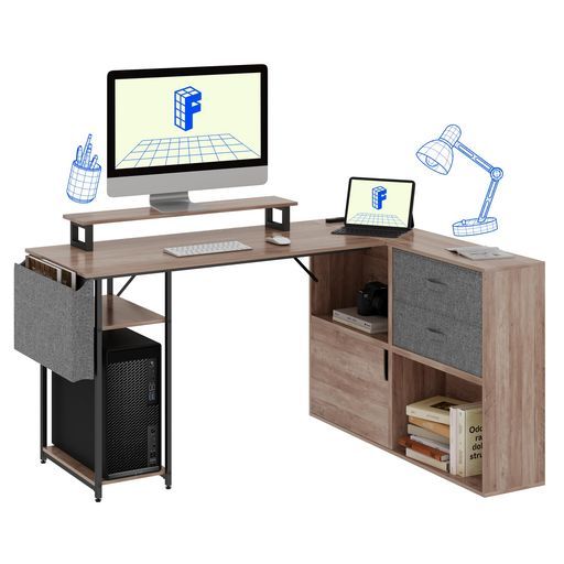 l字デスクpcデスクFD 19デスク収納付き引き出し幅134 x奥行き105 x 71 cmモーター台付サイドポケットコンセントアジャスター付き左右組立在宅勤務書斎ゲーミングデスクテレワーク棚机