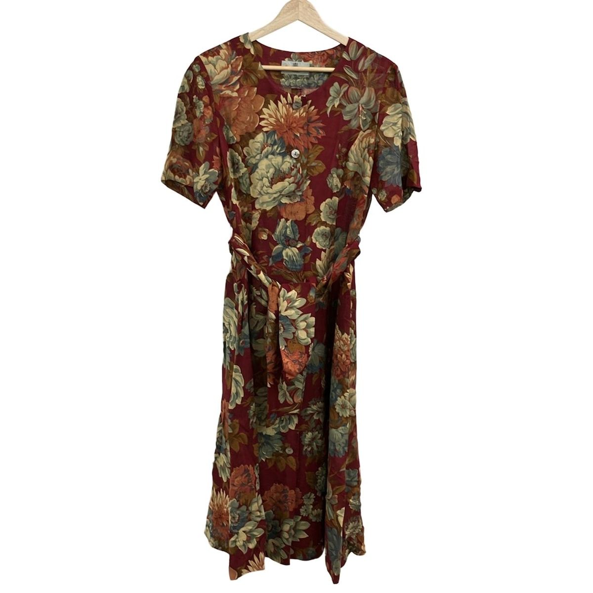 アクアスキュータム ワンピース レディース - ボルドー×アイボリー×マルチ クルーネック|半袖|ロング|花柄|シャツワンピ