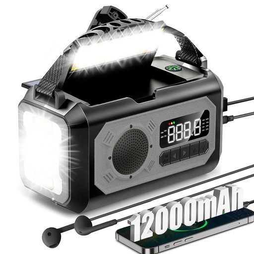 PSE認証済み12000 mAh電池内蔵 防災ラジオ多機能懐中電灯AM|FM対応手回しソーラーUSB充電スマホに充電 イヤホンジャック付きSOSアラートコンパス非常用ラジオMETI認定済み停電地震震災…