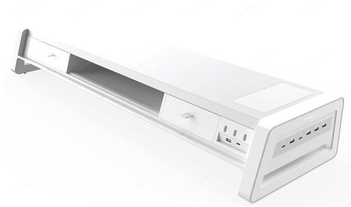 VAYDEER金属製デュアルモニタースタンド充電機能付きモニター台8つのUSBポート 2つの引き出し LEDライトストリップ付き机上台2モニター用デスクオーガナイザーPCおよびiMac対応 白