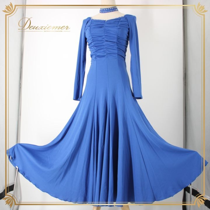 社交ダンス 衣装 スタンダード ドレス ワンピース レッスンウェア パーティドレス オールシーズン 青 ブルー系 ラインストーン 長袖 シンプル ポリエステル 日本製 気品 伸縮性 ルーズフィット おしゃれ ドレープ 柔らかい 着心地良い