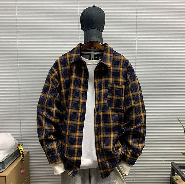 ♥ 秋の チェック長袖シャツ メンズ カジュアル ルーズフィット ストリート百搭ジャケット K