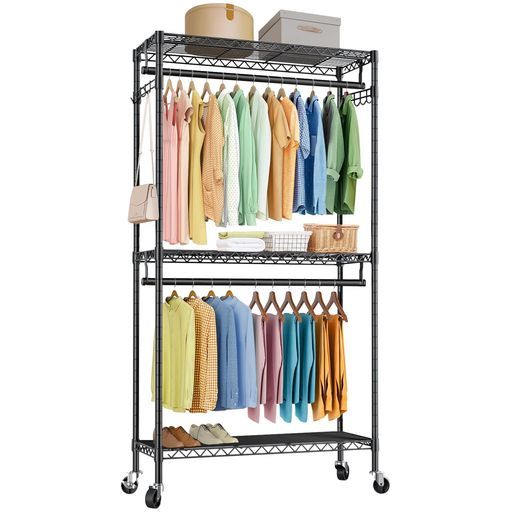Huaniunハンガーラック頑丈ワードローブ大容量キャスター付き洋服ラック棚付き洋服掛けスチールラック幅81 x奥41 x高さ210 cm キャスター付き