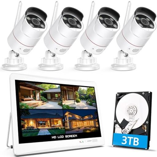 500万高画素夜間カラー 金属製 防犯カメラ屋外ワイヤレス12インチ防犯モニター録音通話3 TBHDD内蔵10台増設AI人検知フルカラー暗視発光威嚇H.265圧縮監視カメラ無線セット家庭用IP…