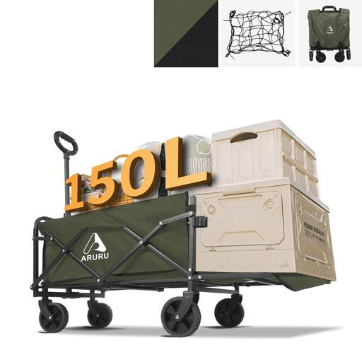 ARURUアウトドアワゴン 2025強化版後部開放可 150 L大容量キャリーカート耐荷重150 KG折りたたみ式キャリーワゴン全地形対応軽量コンパクト収納テールゲート設計ハンドル調節可BBQキャンプ…