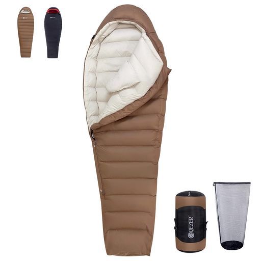 QEZER寝袋冬用ダウンシュラフ最低温度-25° C 1000 g|1500 g羽毛充填マミー型660 FP ダウン寝袋コンパクト400 T撥水加工キャンプ登山車中泊防災避難用