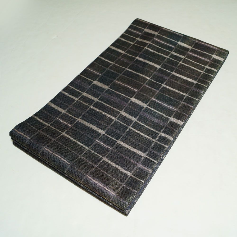 洒落袋帯 備長炭染 格子模様 全通柄 袋帯 リサイクル リサイクル着物 正絹 カジュアル 帯 着物 和服 ベーシックカラー 袋帯 