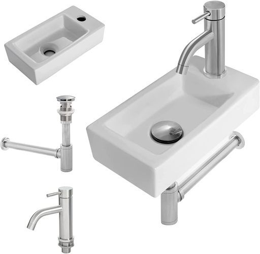 Rxakudedo手洗い器壁付け型陶器製小さなトイレに適し洗面器蛇口水栓-排水金具付き和風洋風壁掛けおしゃれシンプル洗面台キッチン用水栓混合水栓 右側洗面器 蛇口