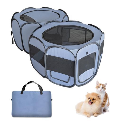 2ルーム構造折りたたみ式犬用ケネルポップアップ式プレイペン室内外兼用通気-遮光設計キャリーバッグ付き小型~中型犬 猫用軽量 防水 丈夫147長さx 74幅x 43高さcm