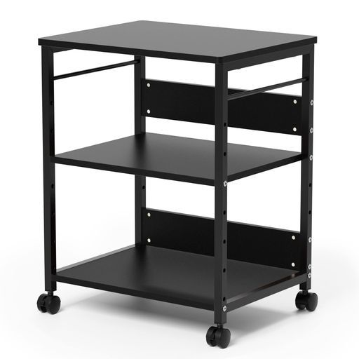 DEWELプリンタ台プリンタラック幅50奥行40高さ64 cmプリンターワゴン棚3段サイドワゴンキャスター付きコピー機台デスク下収納中棚下棚高さ調整 木製組立簡単移動便利在宅勤務 ブラック