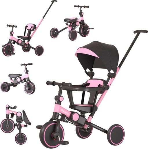 Bacany子供用三輪車7in1三輪車ステップ付き折りたたみ手押し棒おしゃれ