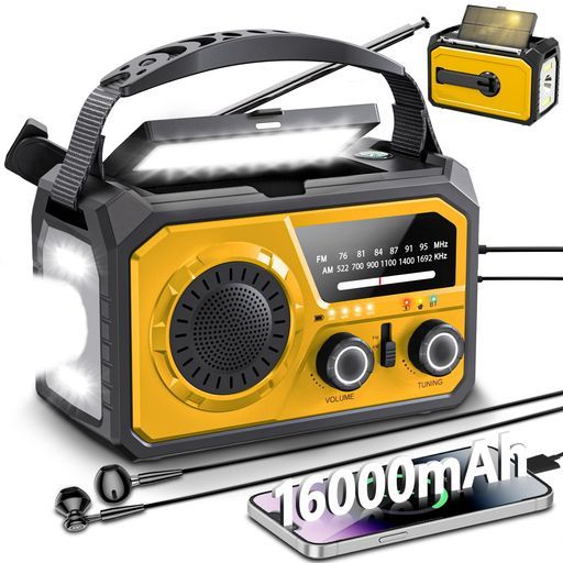 PSE認証16000 mAhバッテリー付き 防災ラジオ多機能ラジオUSB充電手回し充電ソーラー充電FM|AMラジオSOSアラート付きBluetoothラジオコンパス懐中電灯読書ランプ台風地震などの緊急対策防災…