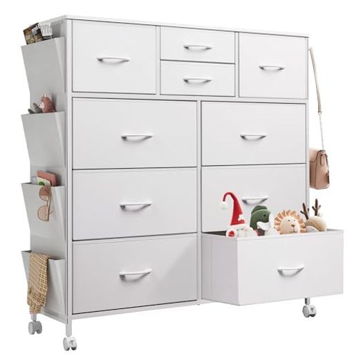 WLIVEチェストタンスキャスター付きサイドポケット付き4段10杯箪笥ハイチェストチェスト4段リビング収納おしゃれ収納チェスト引き出し大容量洋服タンス布製衣類収納北欧シンプルホワイ…