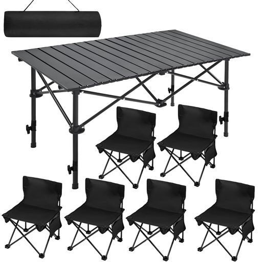 アウトドア テーブル チェアセット キャンプ 7点セット(サイズ120X55X52~82CM、ブラック)高さ調節可能 屋外用折りたたみ椅子 ドア 折りたたみ バーベキュー キャンプ用品 持ち運び便利 軽量 … アウトドアテーブルチェアセットキャンプ7点セット(サイズ120x55x52