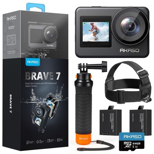 AKASOBrave 7アクションカメラ4 Kアクションカム64 GBカード付きIPX 8本機防水10 M水中カメラ6軸手ぶれ補正フローティングハンド ヘッドバンドセット アップグレード版