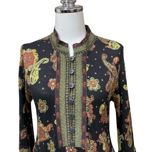 ヒロココシノ HIROKO KOSHINO ワンピース 長袖 スタンドカラー ミディ丈 チュニック 黒 カーキ 毛 38 M 9号 レディース H 6 A 038