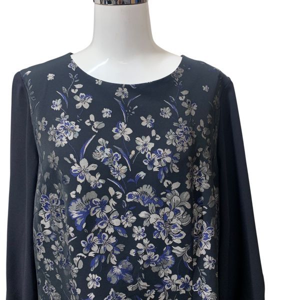 ◆ レ ラリック RES RALIQUE ワンピース 長袖 ラウンドネック ミモレ丈 異素材 花柄 ネイビー 42 L～XL 13号 レディース H 6 A 036