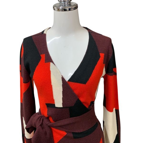 ダイアンフォンファステンバーグ DIANE ワンピース 長袖 カシュクール 膝丈 幾何学模様 赤 黒 紫 白 ウール p S 7号 レディース H 5 Z 147