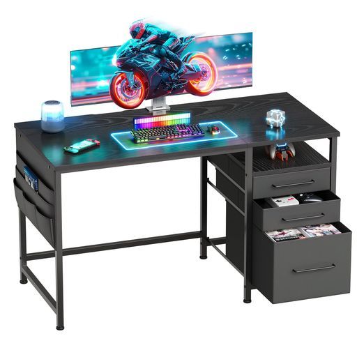 Maihailゲーミングデスクゲームデスクパソコンデスク机pcデスク幅120 cmx奥行45 cmオフィスデスク左右入替可布製引き出し付き収納勉強机学習机黒