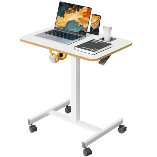 昇降デスク幅72 cmx奥行き48 cm高さ調節71-112 cmスタンディングデスク移動式キャスター付き天板耐荷重10 kgフック付きPad用溝付きカップホルダー付き省スペース在宅ワーク|テレワーク…